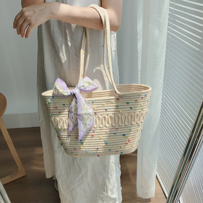 カゴバッグ 花柄リボン付き縄編み大容量かごバッグ