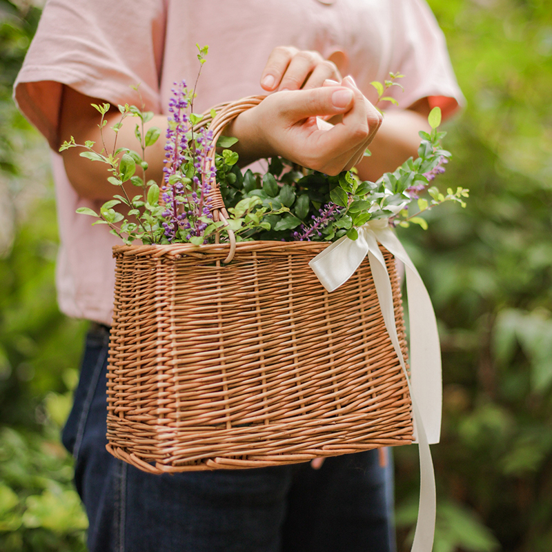 カゴバッグ 天然籐編み四角型持ち手付きカゴバッグ