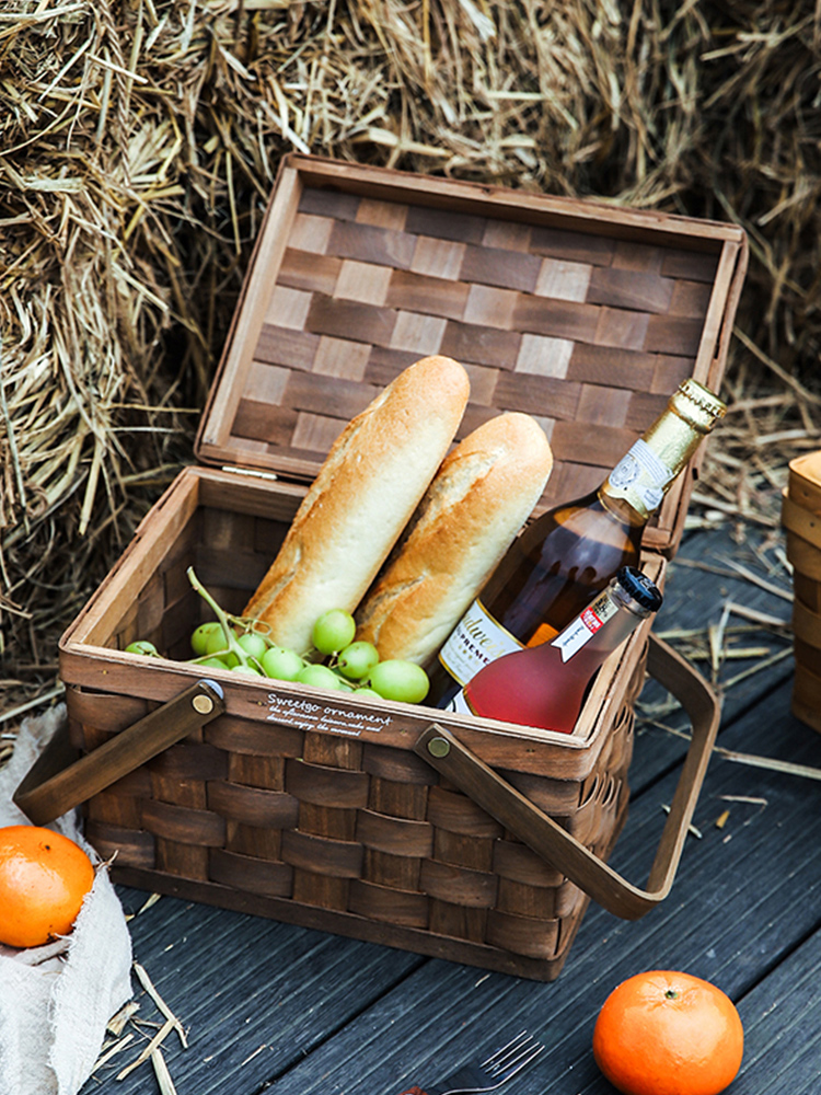 カゴバッグ 天然素材編み込み蓋付きピクニック収納籠