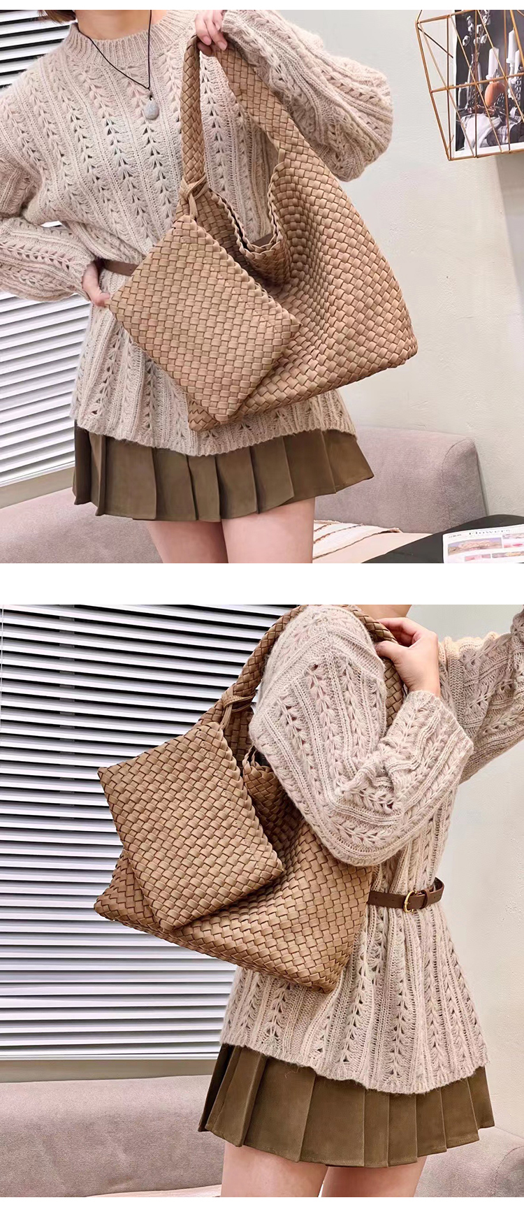 カゴバッグ 編み込みデザイン大容量ハンドル付きかごバッグ