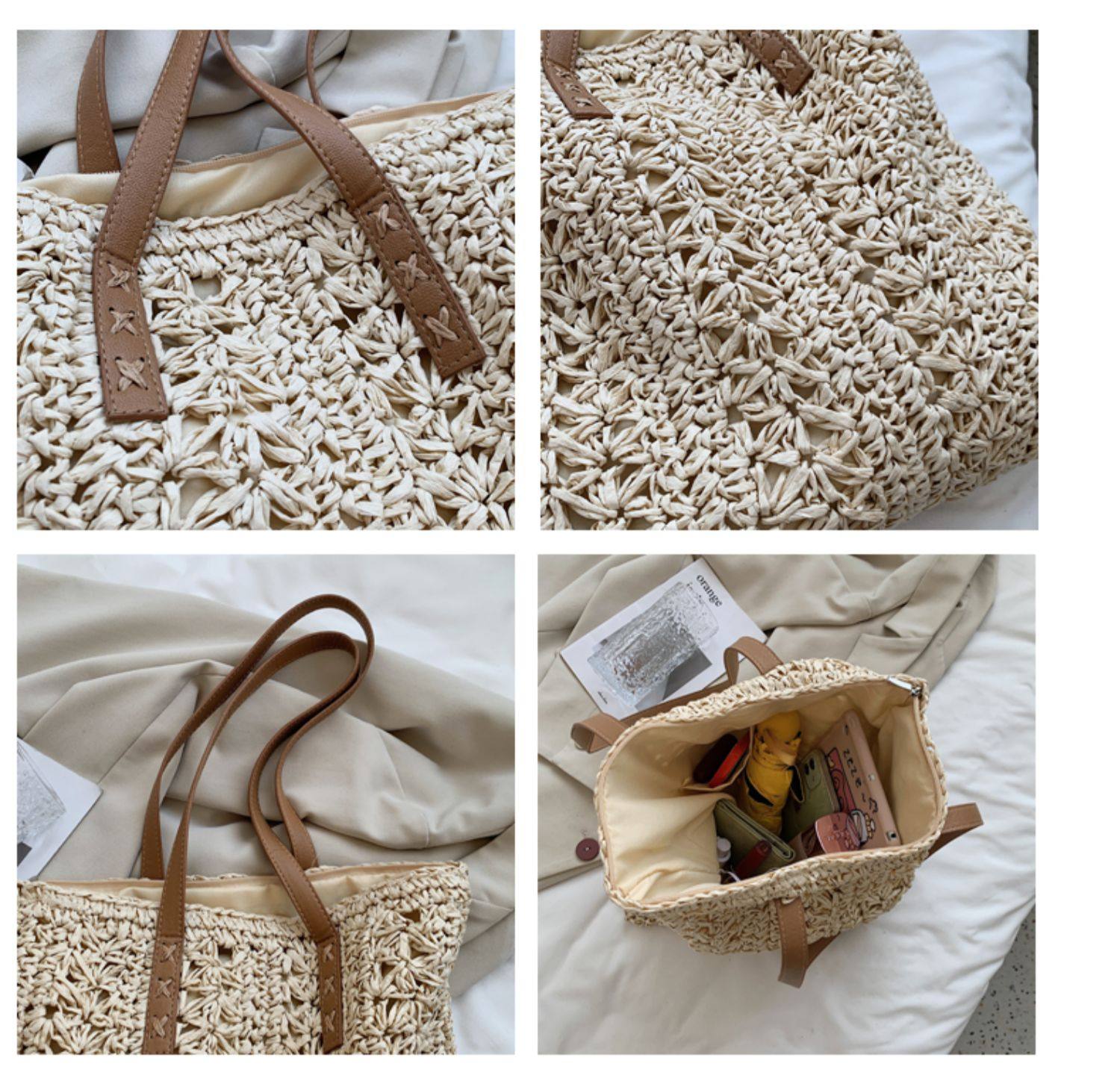 カゴバッグ 花編みデザイン内布付きトート型かごバッグ