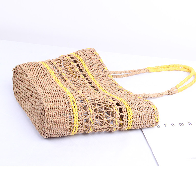 カゴバッグ ボーダー編み込み透かし模様のトート型かごバッグ