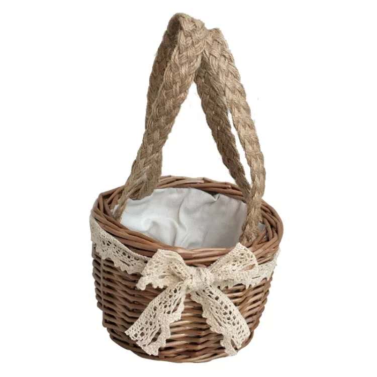 カゴバッグ 編み紐取っ手付きレース装飾籐編みカゴバッグ