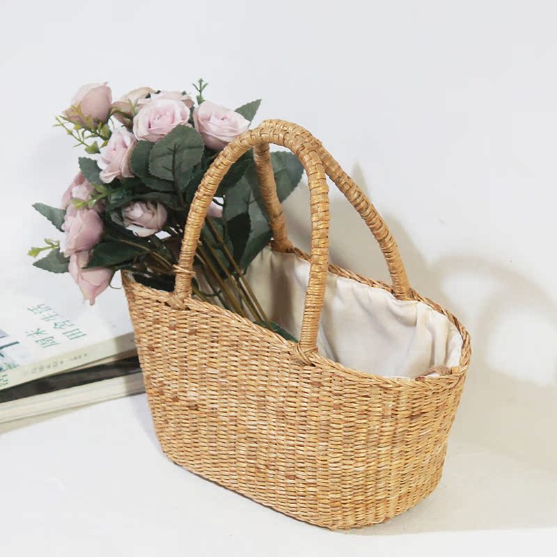 カゴバッグ 天然素材編み込み内布付きハンドバッグ