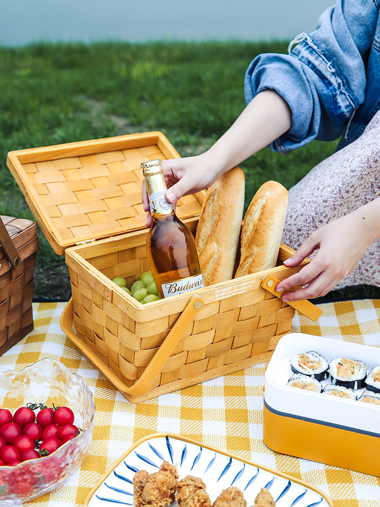 カゴバッグ 天然素材編み込み蓋付きピクニック収納籠