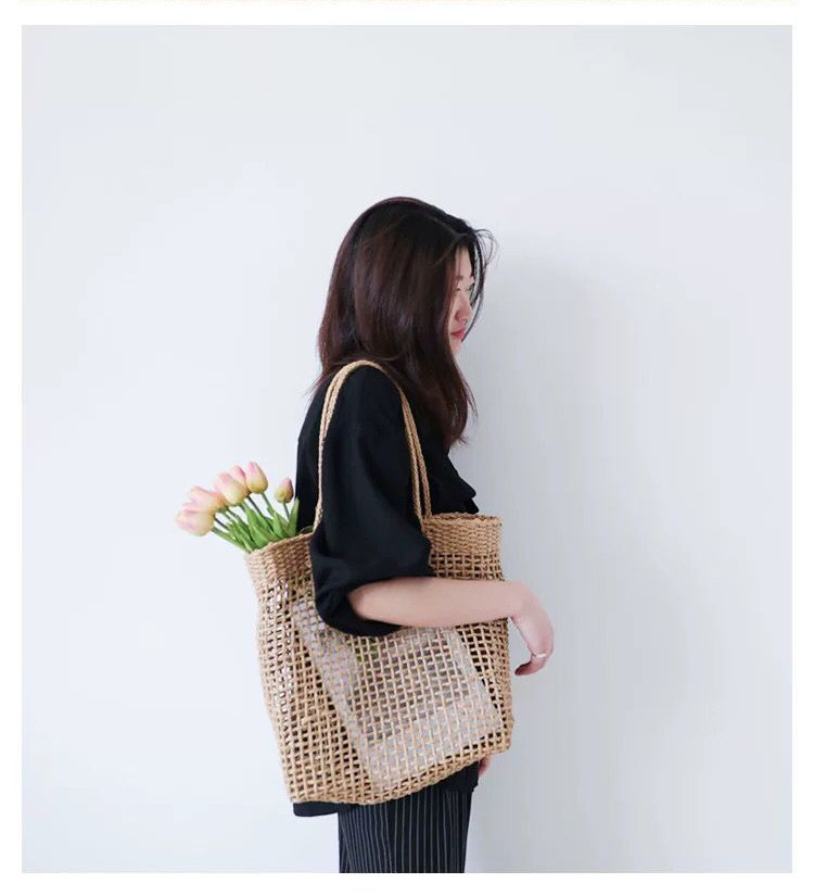 カゴバッグ 透かし編みナチュラルポケット付きカゴバッグ