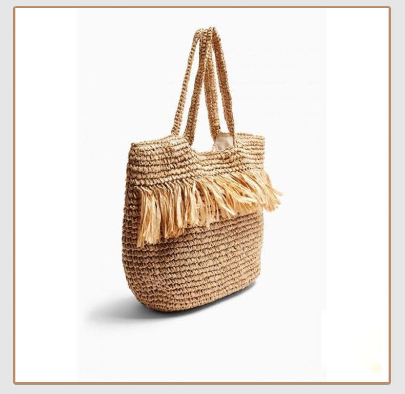 カゴバッグ フリンジ飾り付き丸底トート型カゴバッグ