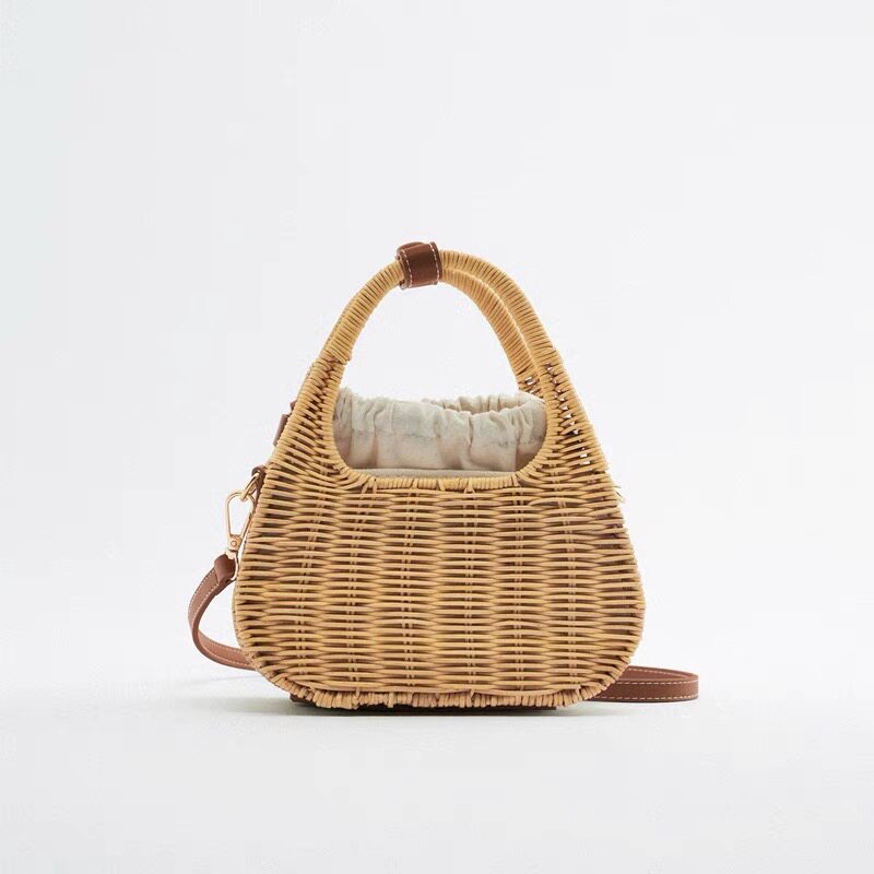 三角形編み込みカゴバッグ取り外し式肩紐付き