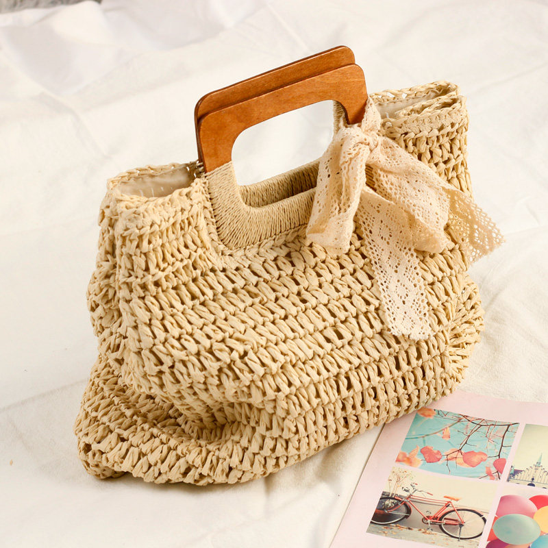 カゴバッグ 木製ハンドル付き手編みカゴバッグ巾着型