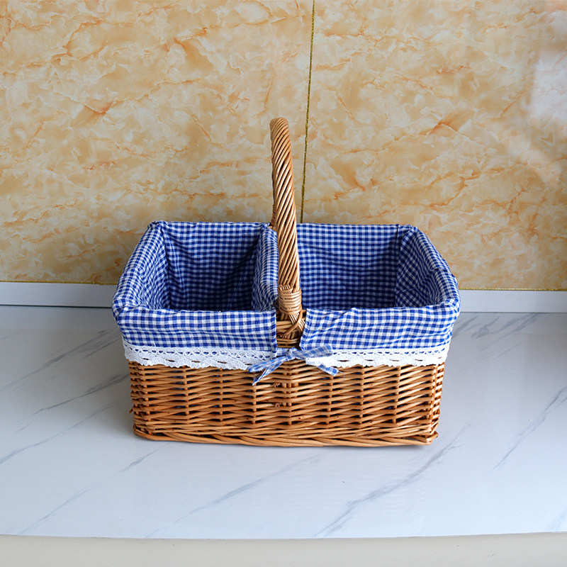カゴバッグ ギンガムチェック布張り仕切り付き籐編みバスケット