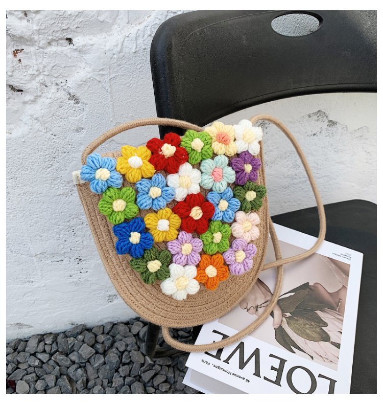 カゴバッグ 手編み花モチーフ装飾丸型かご編みショルダーバッグ