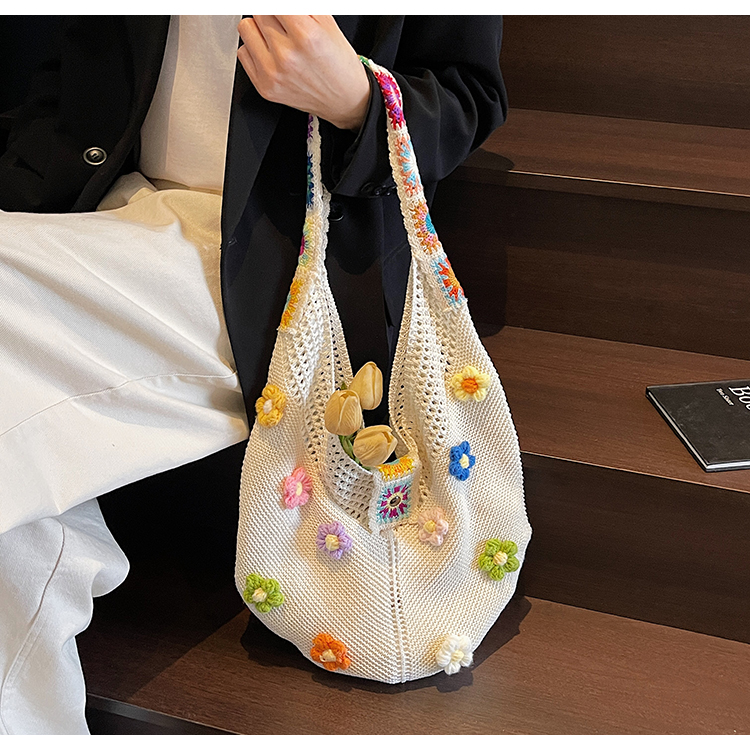 カゴバッグ 花咲く手編みメッシュショルダーバッグ