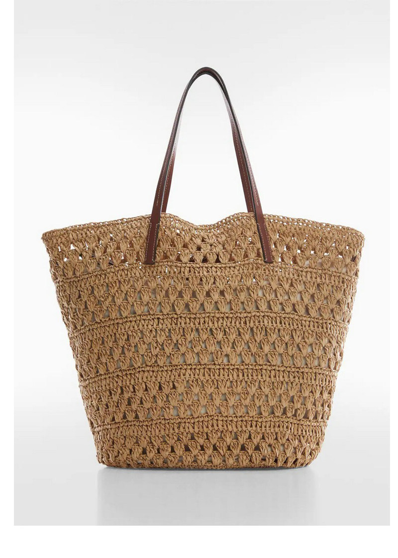 カゴバッグ 透かし編みデザイン本革持ち手トート型かごバッグ