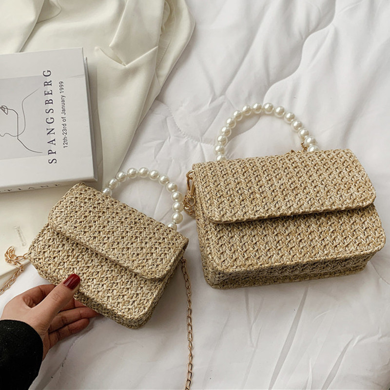 カゴバッグ パール持ち手編み込みフラップカゴバッグ