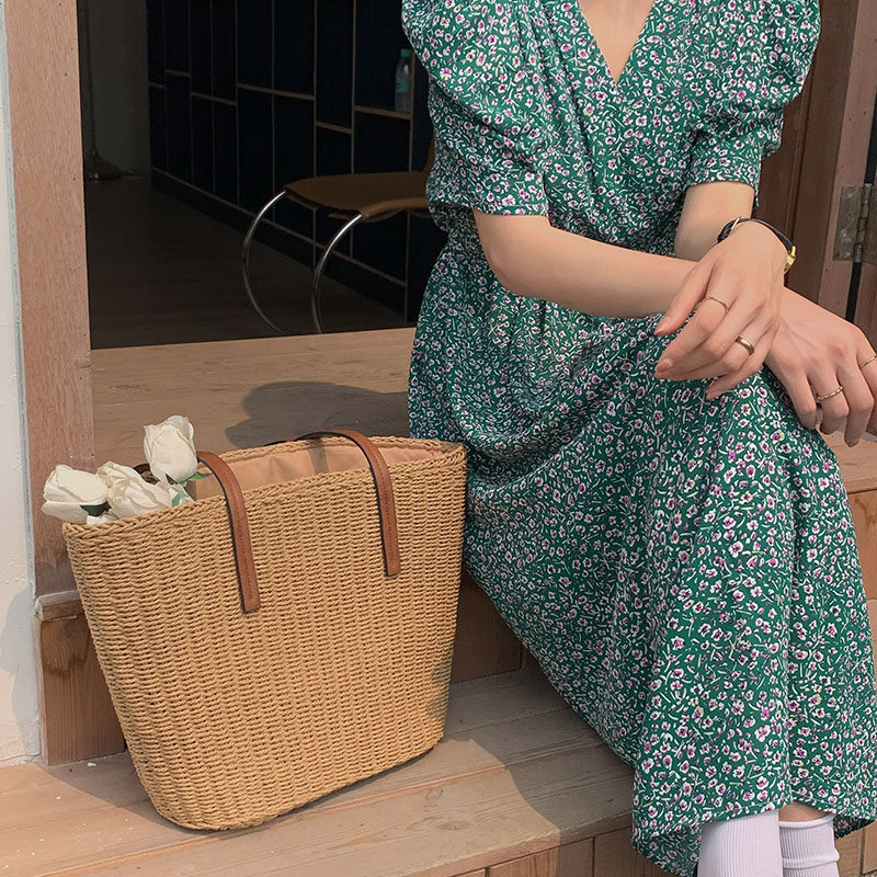 カゴバッグ 巾着内袋付き大容量編み込みトート型カゴバッグ