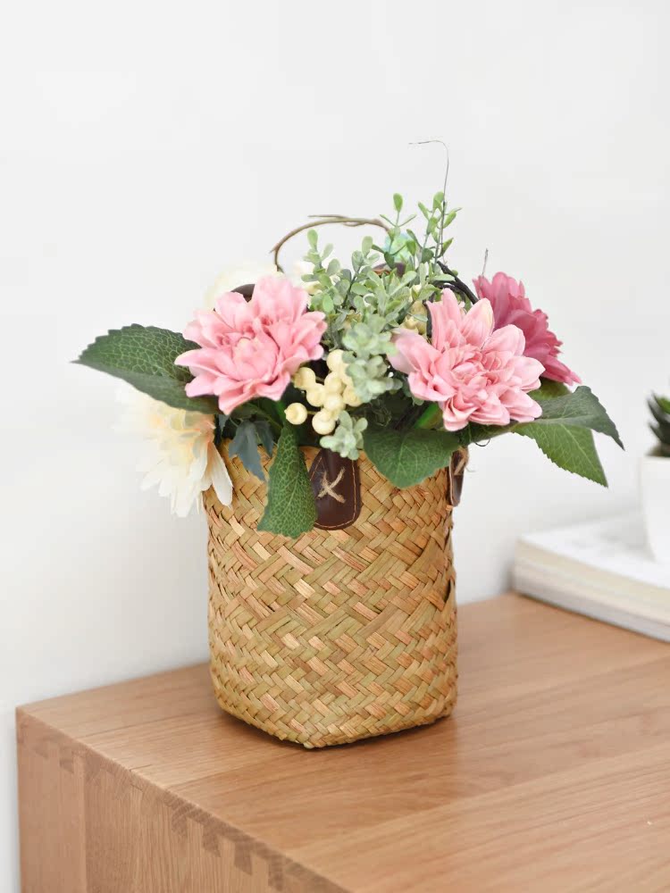 カゴバッグ 天然素材編み込み円筒型ハンドル付きバッグ