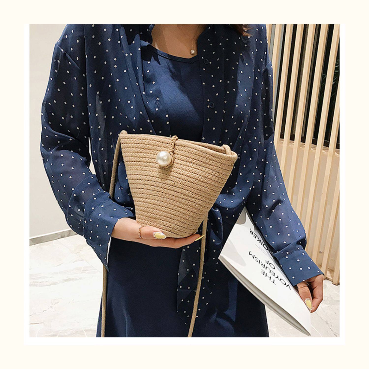 カゴバッグ パール飾り付き編み込みバケツ型カゴバッグ