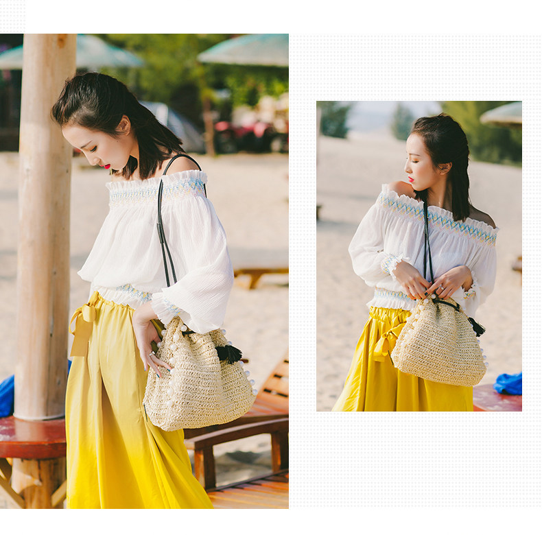 カゴバッグ ぼんぼりとパール飾り付き巾着型ショルダーバッグ