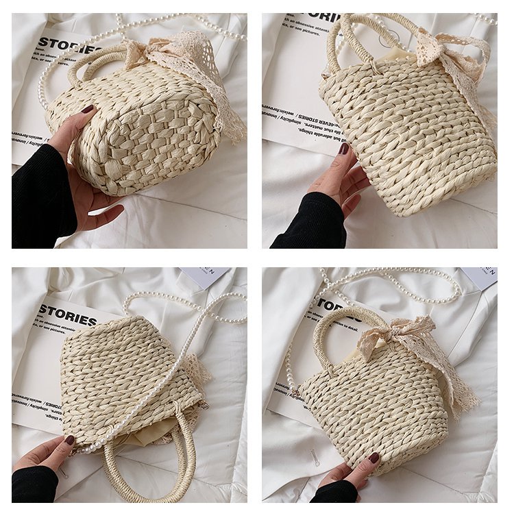 カゴバッグ 編み込み籐製小型持ち手付きリボン装飾手提げかばん