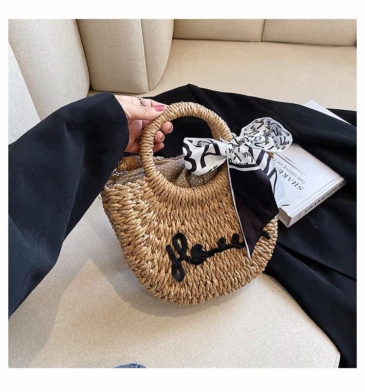 カゴバッグ スカーフ付き巾着型編み込みカゴバッグ