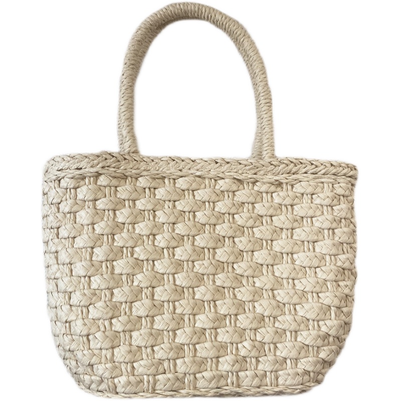 カゴバッグ 手編み藁素材レース飾り付きトート
