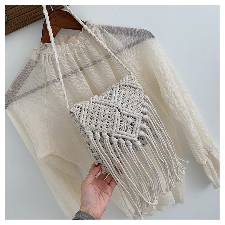 カゴバッグ 手編み風マクラメフリンジ付きショルダーバッグ