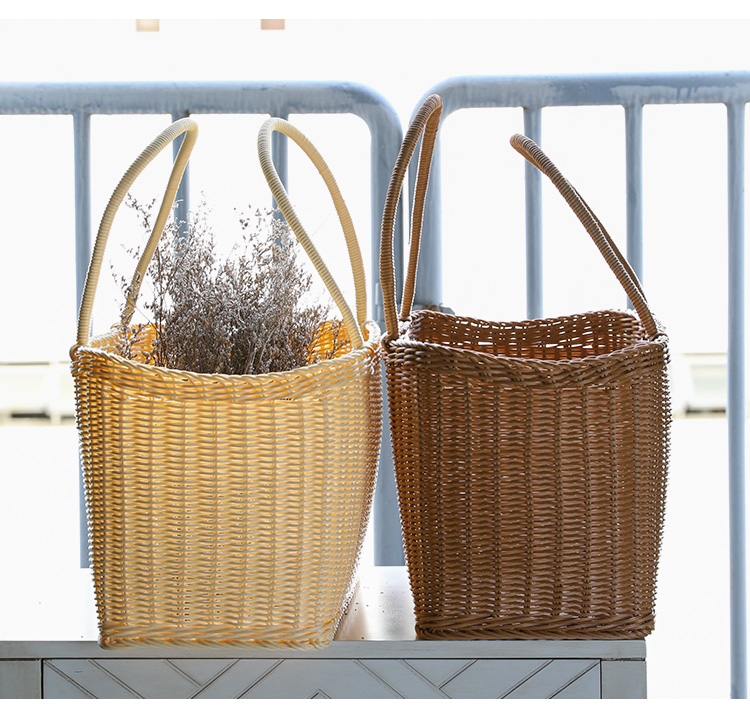 カゴバッグ 手編み籐製四角型持ち手付きかごばっぐ