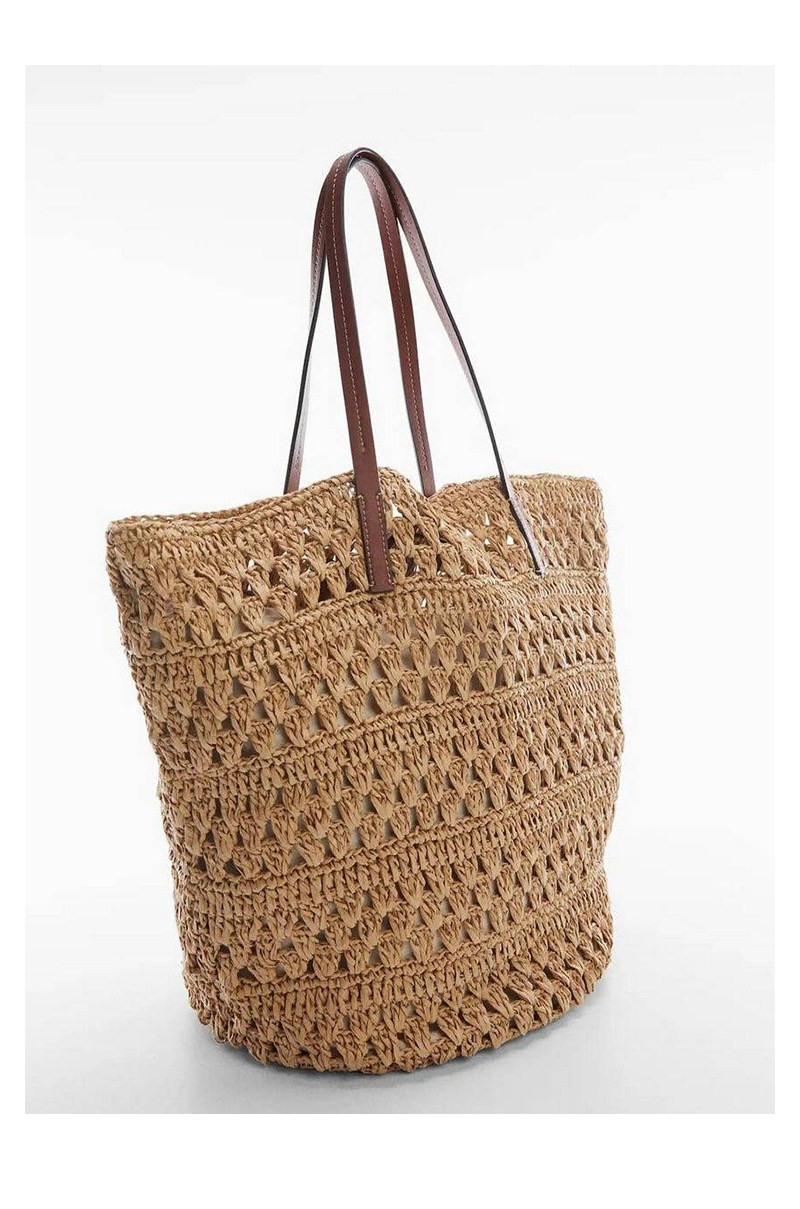 カゴバッグ 透かし編みデザイン本革持ち手トート型かごバッグ