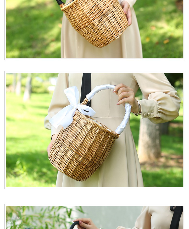 カゴバッグ 天然籐編み円筒形ハンドバッグ