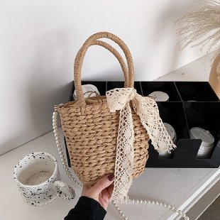 カゴバッグ 編み込み籐製小型持ち手付きリボン装飾手提げかばん