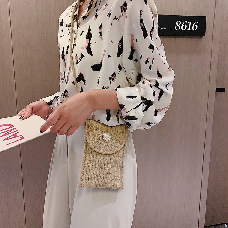 カゴバッグ 編み込み模様パール金具付きミニショルダーバッグ