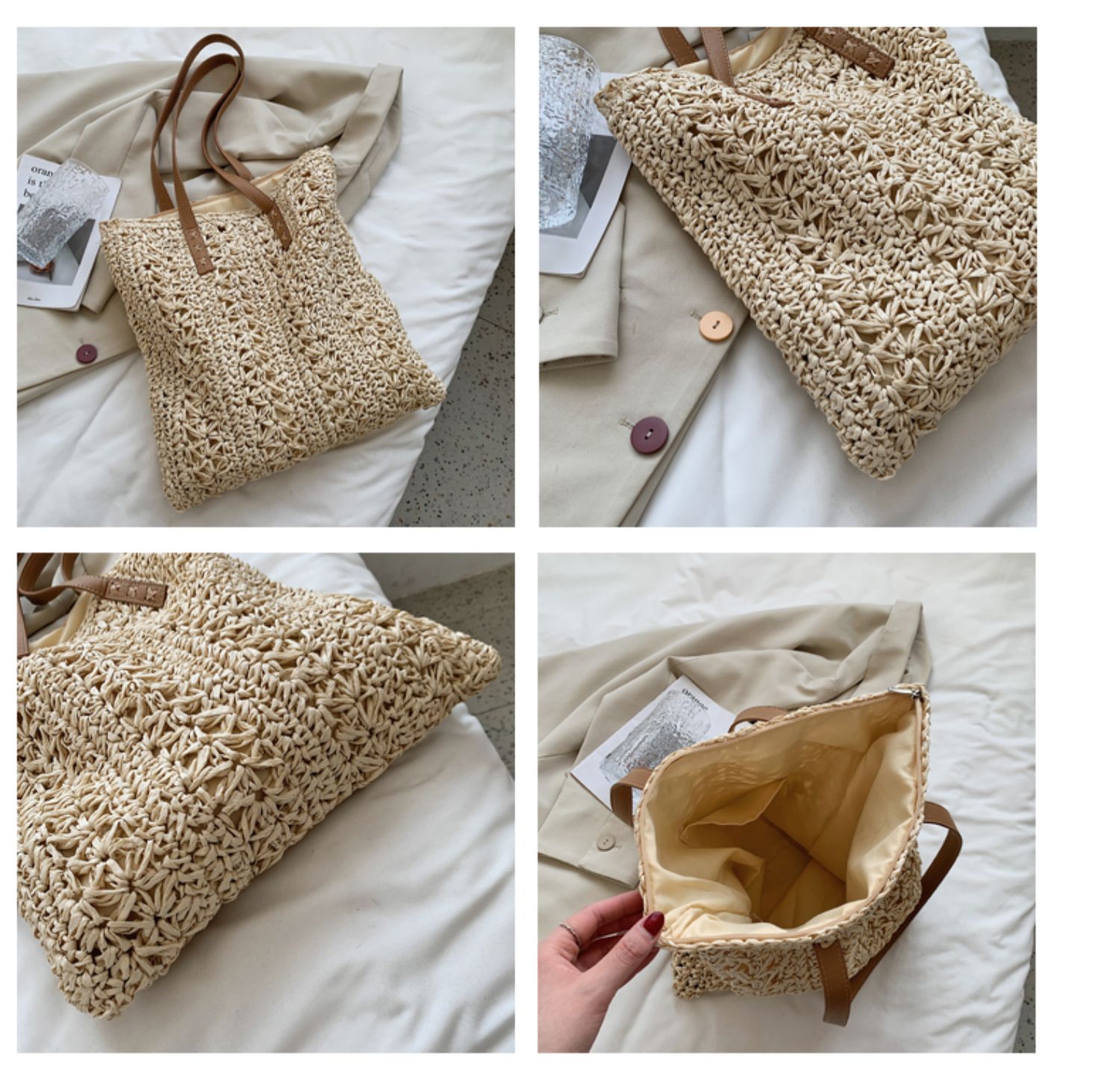 手編み風花柄透かし編みカゴバッグ