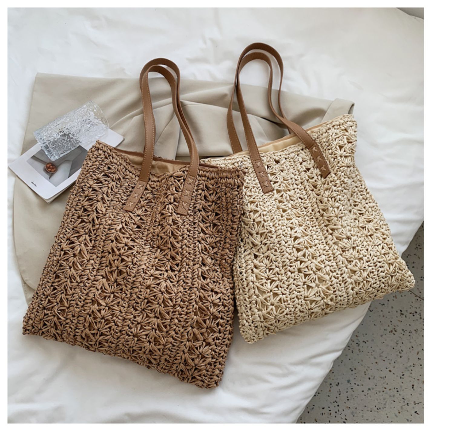 手編み風花柄透かし編みカゴバッグ