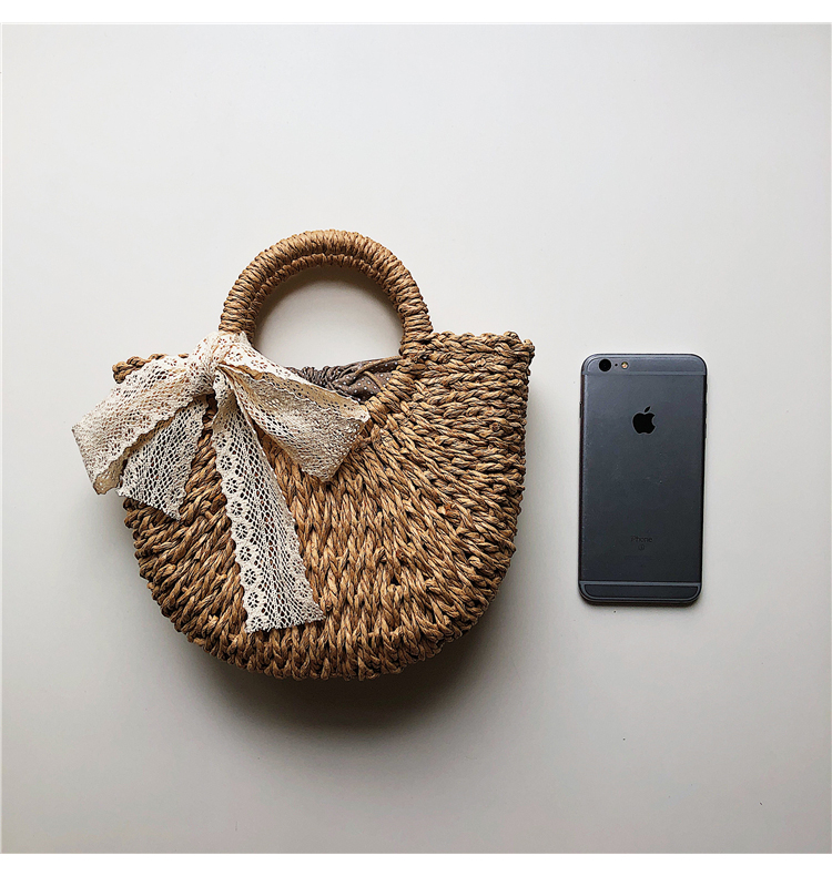 カゴバッグ 真珠チェーン付きレース装飾編み込みかご鞄