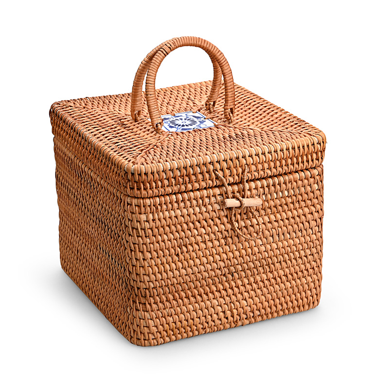 カゴバッグ 天然素材編み込み四角型蓋付きハンドバッグ