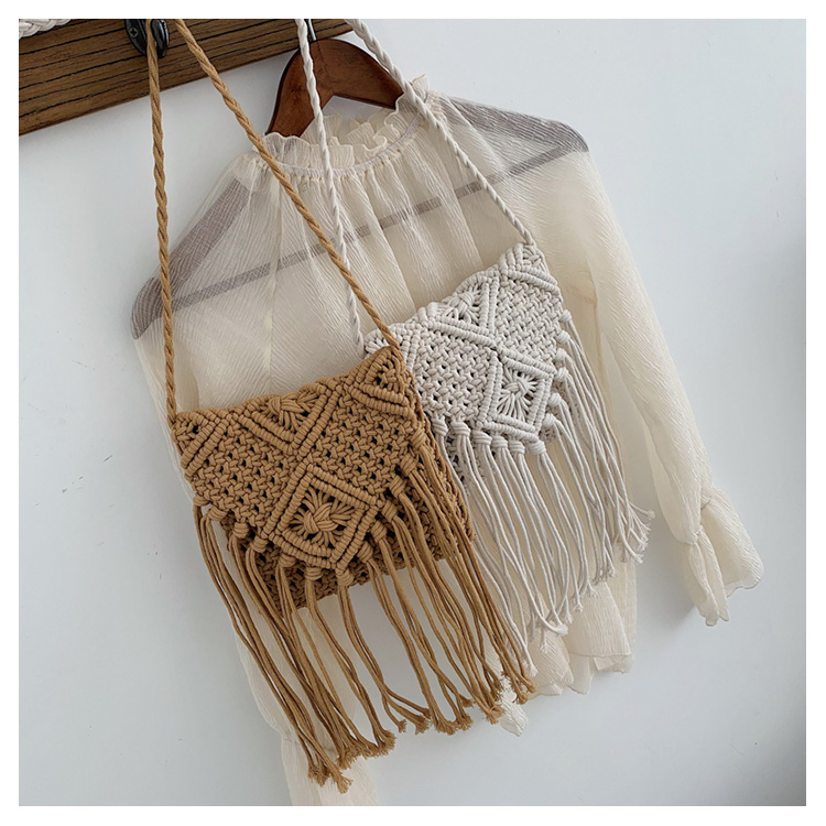 カゴバッグ 手編み風マクラメフリンジ付きショルダーバッグ