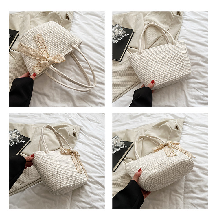 カゴバッグ レース編みリボン付き天然素材のカゴバッグハンドバッグ