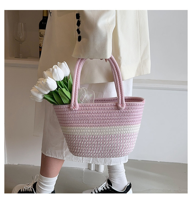 カゴバッグ 編み込みデザイン三段配色トート型カゴバッグ