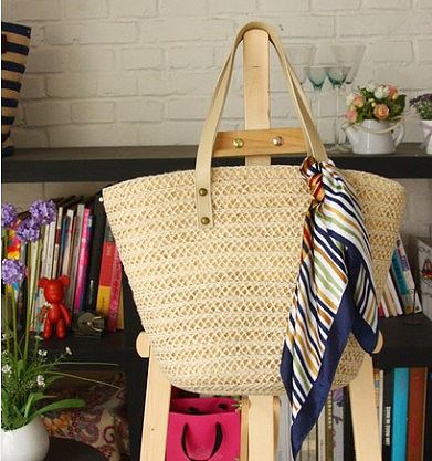 カゴバッグ 編み込みデザイン大容量トートバッグ