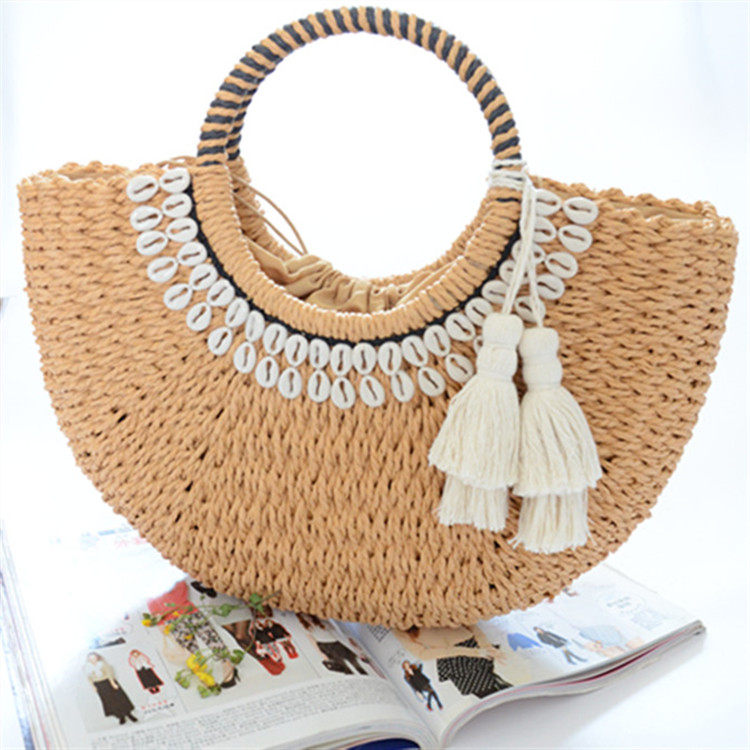 カゴバッグ 貝殻飾り付き丸型持ち手のタッセル装飾かごバッグ