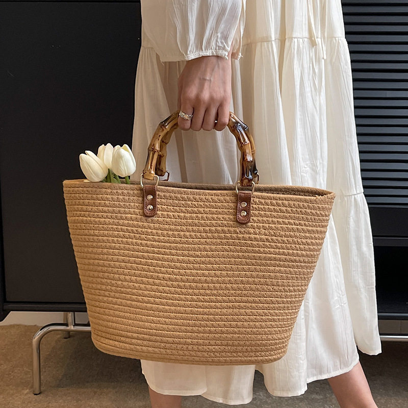 カゴバッグ 竹風ハンドルボーダー柄トート型カゴバッグ