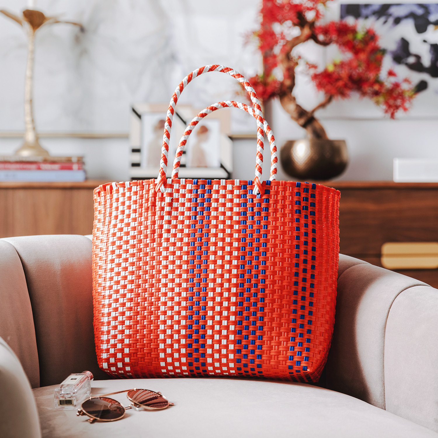 カゴバッグ 手編み市松模様編み込み持ち手カゴバッグ