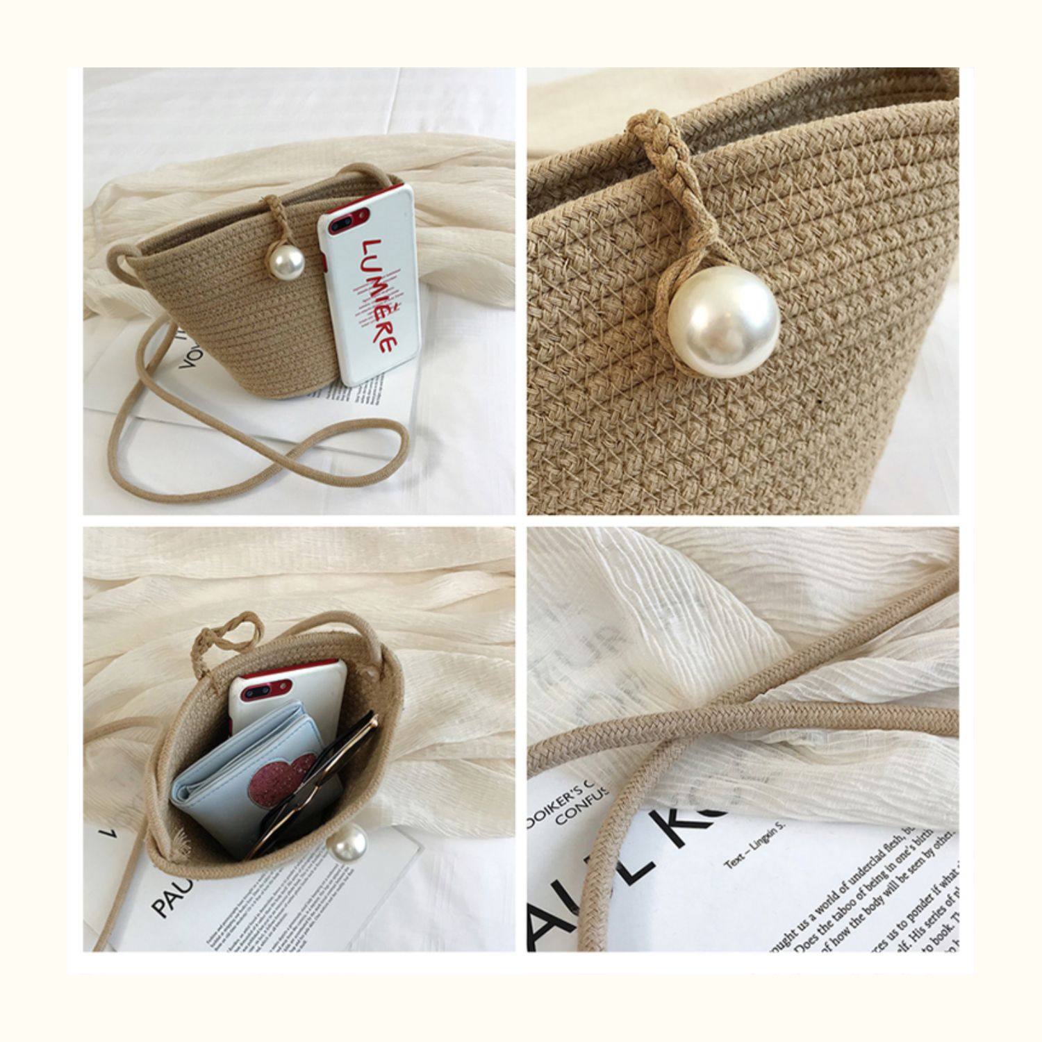 カゴバッグ パール飾り付き編み込みバケツ型カゴバッグ