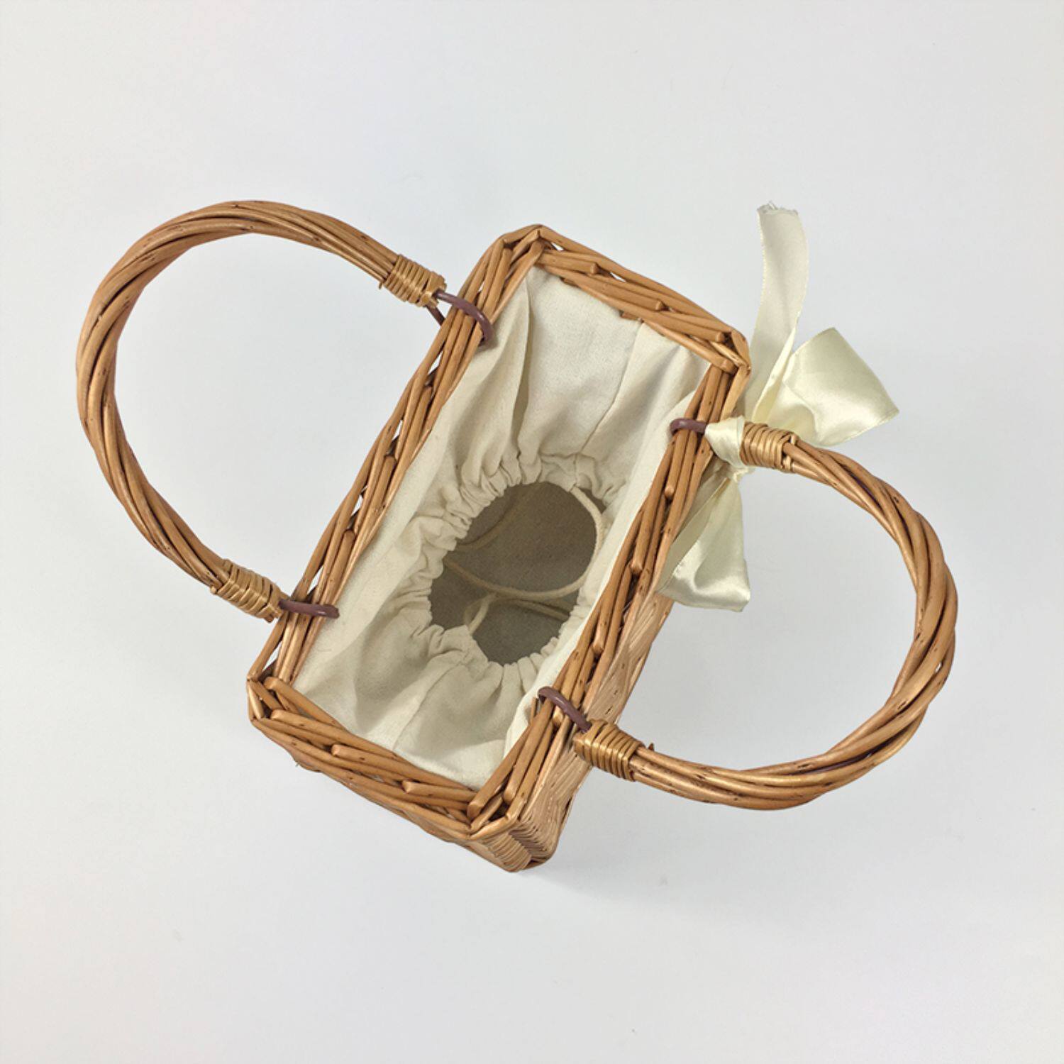 カゴバッグ リボン付き籐編みハンドバッグ型カゴバッグ