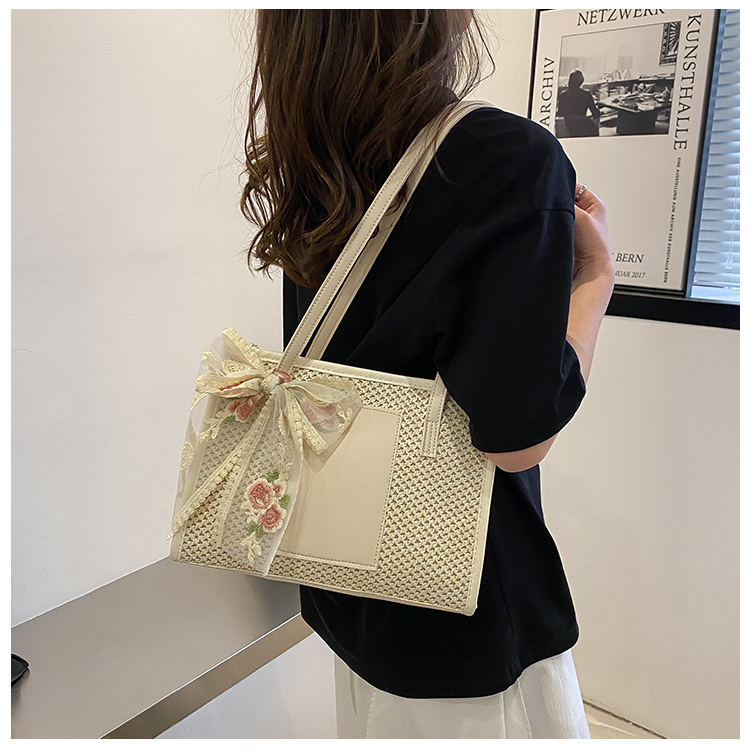 カゴバッグ 花柄リボン付きメッシュ編みトート型かごバッグ