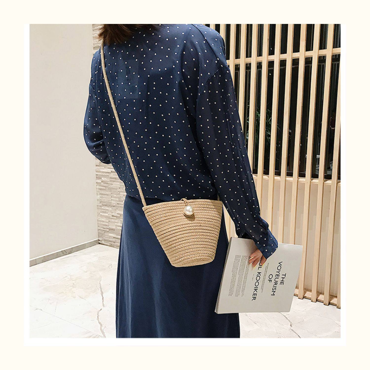 カゴバッグ パール飾り付き編み込みバケツ型カゴバッグ