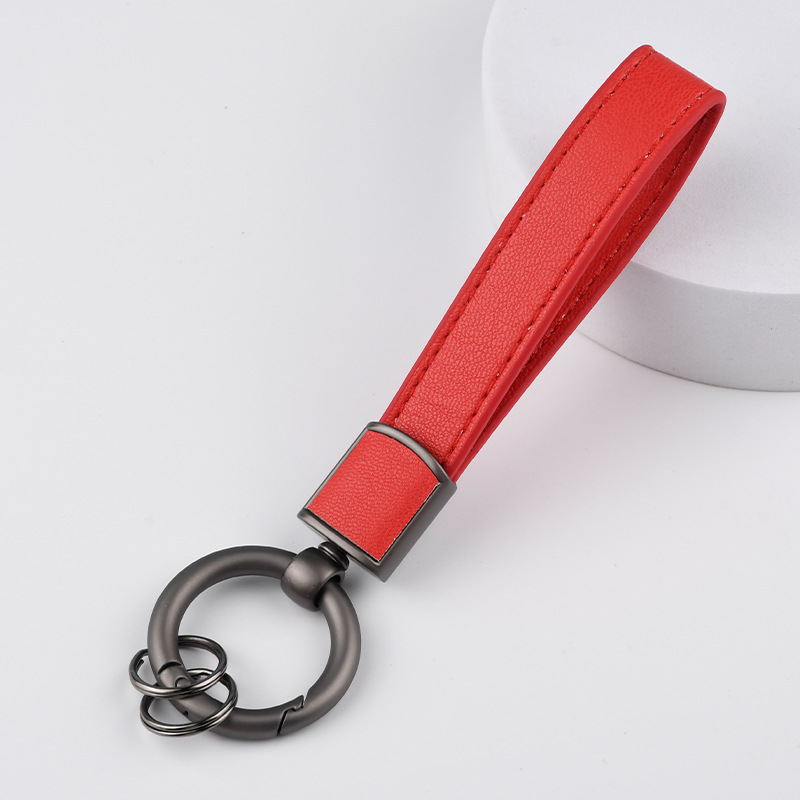 キーリング 上質本革ストラップ付き二重レザーリングキーホルダー