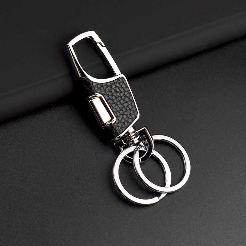 キーリング 型押しレザー調ダブルリング付きカラビナ