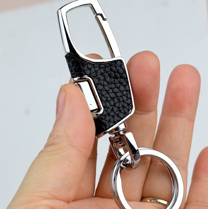 キーリング 型押しレザー調ダブルリング付きカラビナ