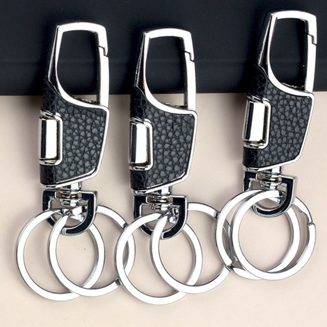 キーリング 型押しレザー調ダブルリング付きカラビナ
